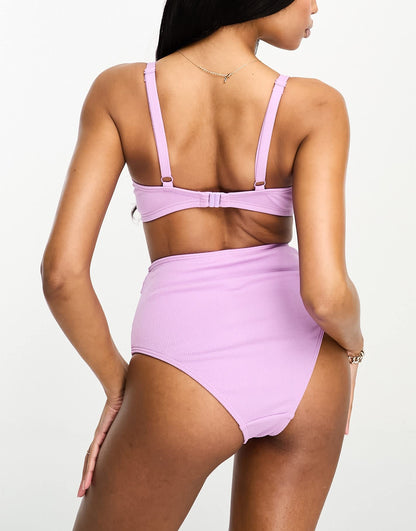 Peek & Beau Fuller Bust Exclusive high waist high leg bikini bottom with belt detail in lilac rib