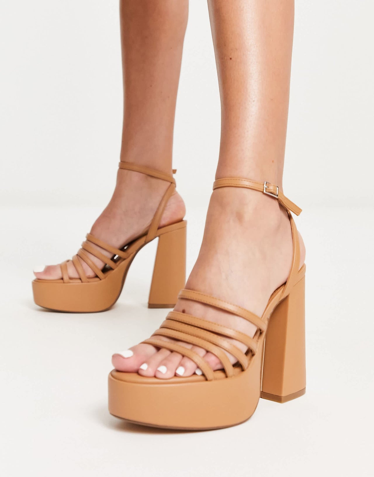 Bershka strap up heeled sandal in beige