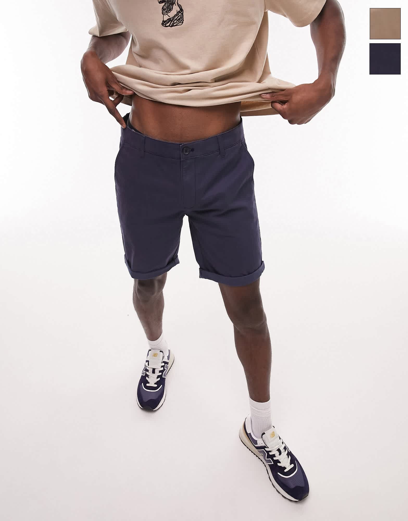 Topman 2 pack skinny chino shorts in navy and stone