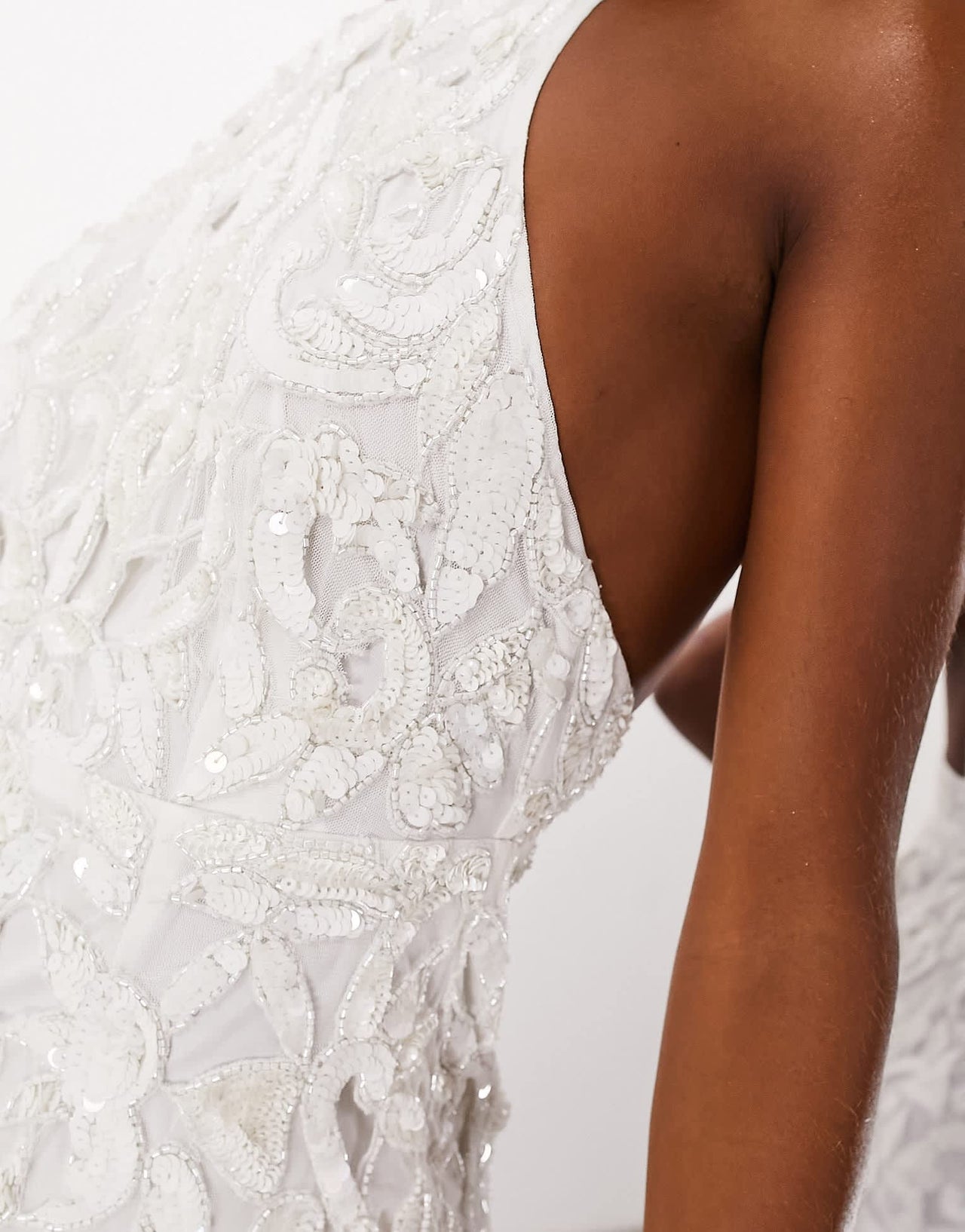 ASOS DESIGN Sarina sequin cutwork halter midi wedding dress with low back in