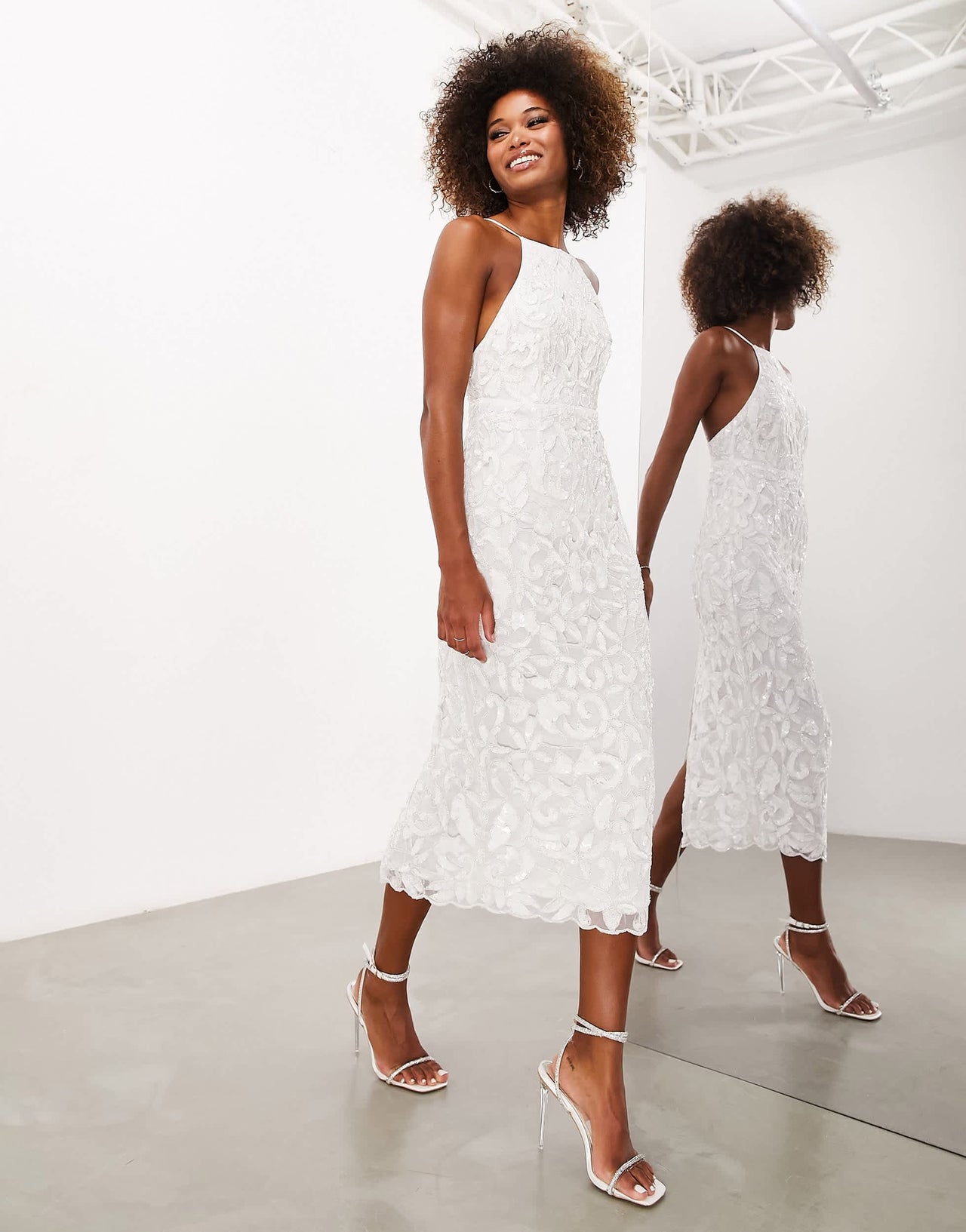 ASOS DESIGN Sarina sequin cutwork halter midi wedding dress with low back in