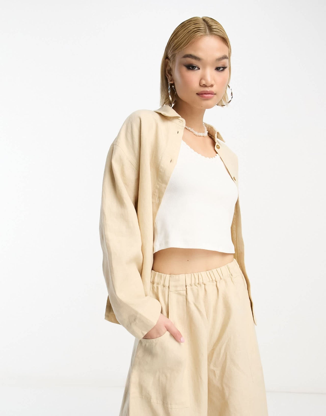 People Tree relaxed linen shirt co-ord in stone