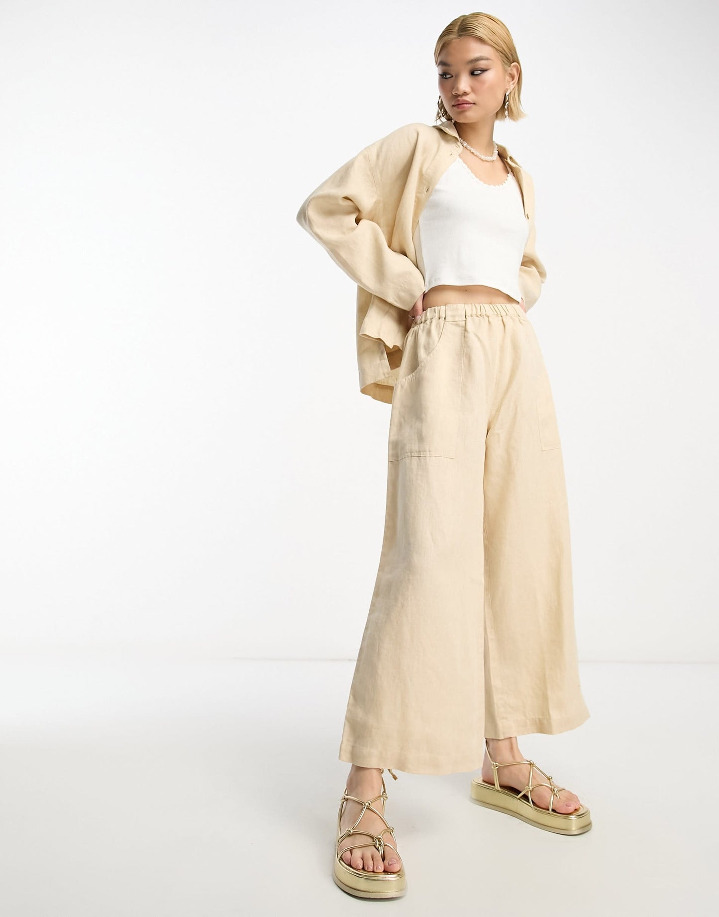 People Tree relaxed linen shirt co-ord in stone