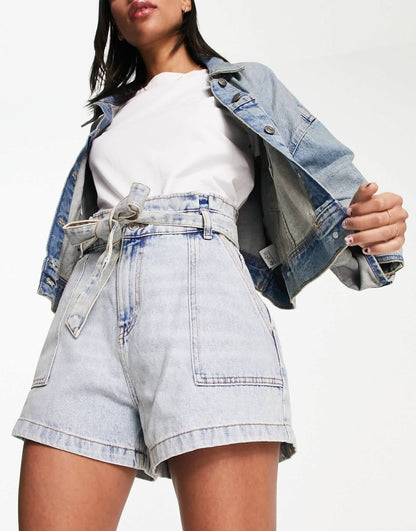 Miss Selfridge festival paper bag tie waist denim short in acid wash