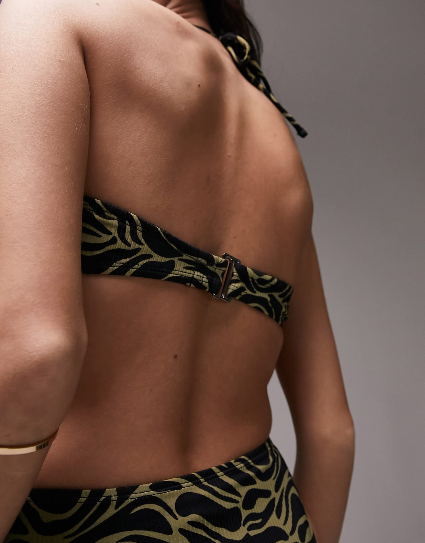 Topshop zebra print halterneck bandeau ring detail bikini top in khaki
