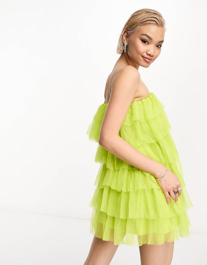 Extro & Vert mini cami dress in tiered chartreuse tulle