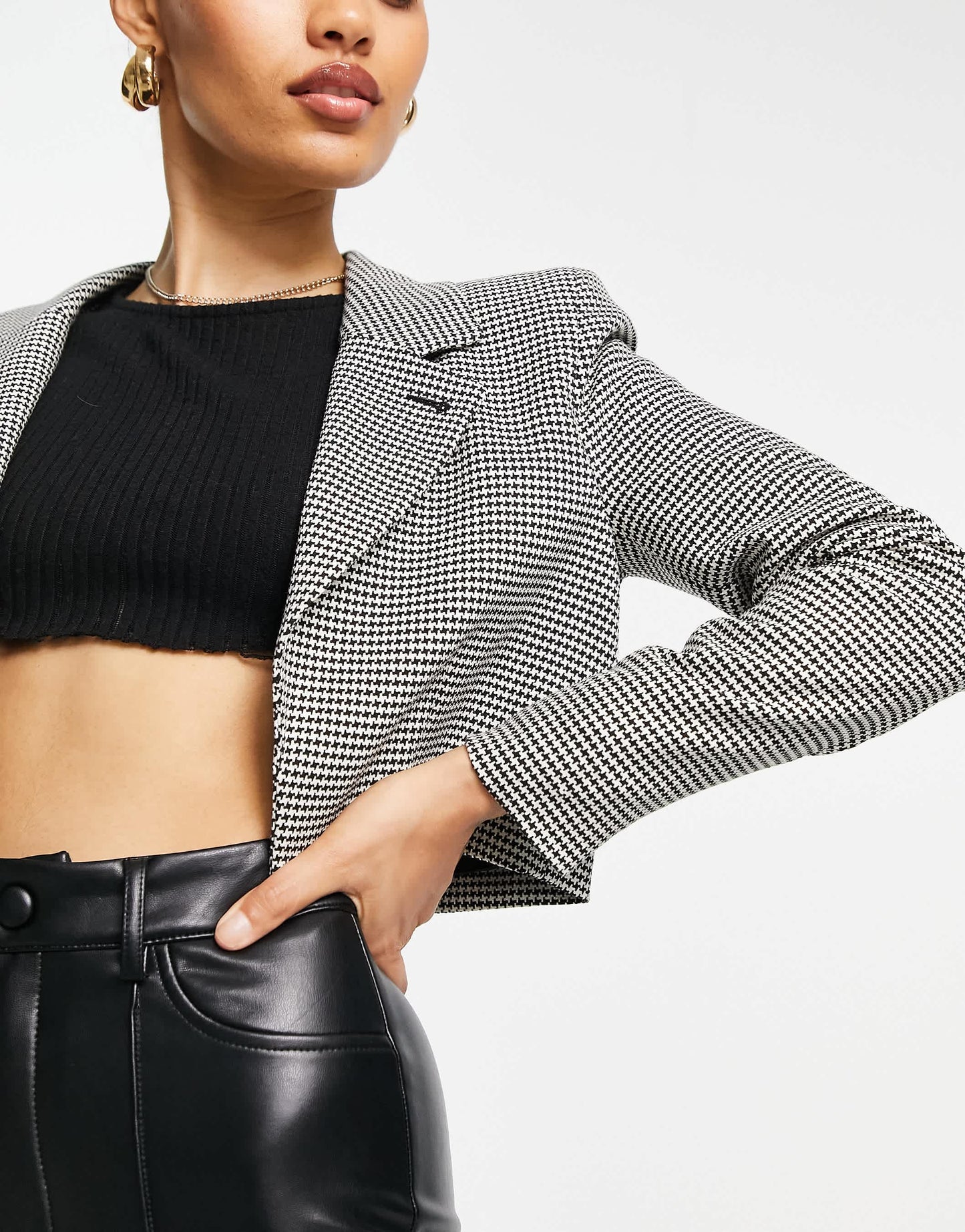 River Island Petite dogtooth crop blazer in black