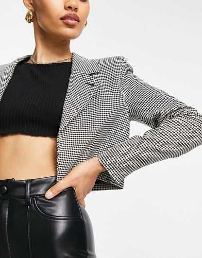 River Island Petite dogtooth crop blazer in black