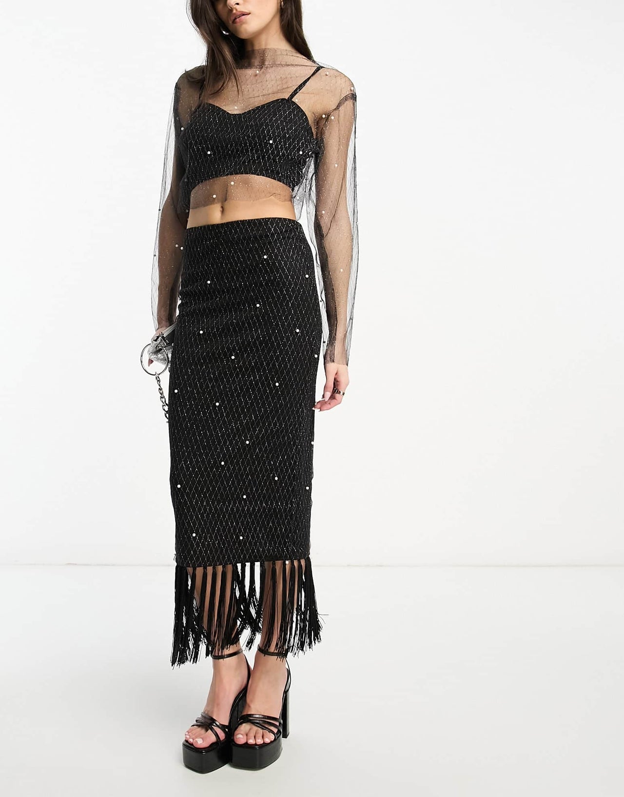 Extro & Vert Premium maxi skirt with pearl embellished layer & fringe in black co-ord