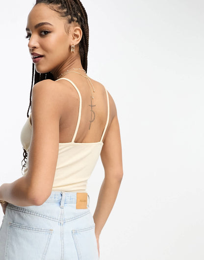 Miss Selfridge tie strappy rib bodysuit in cream