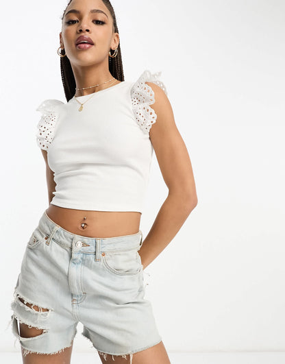 Miss Selfridge rib crop with broderie frill sleeve in white