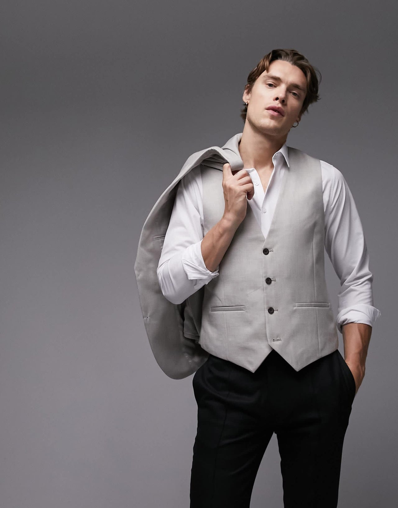 Topman slim linen blend waistcoat in stone