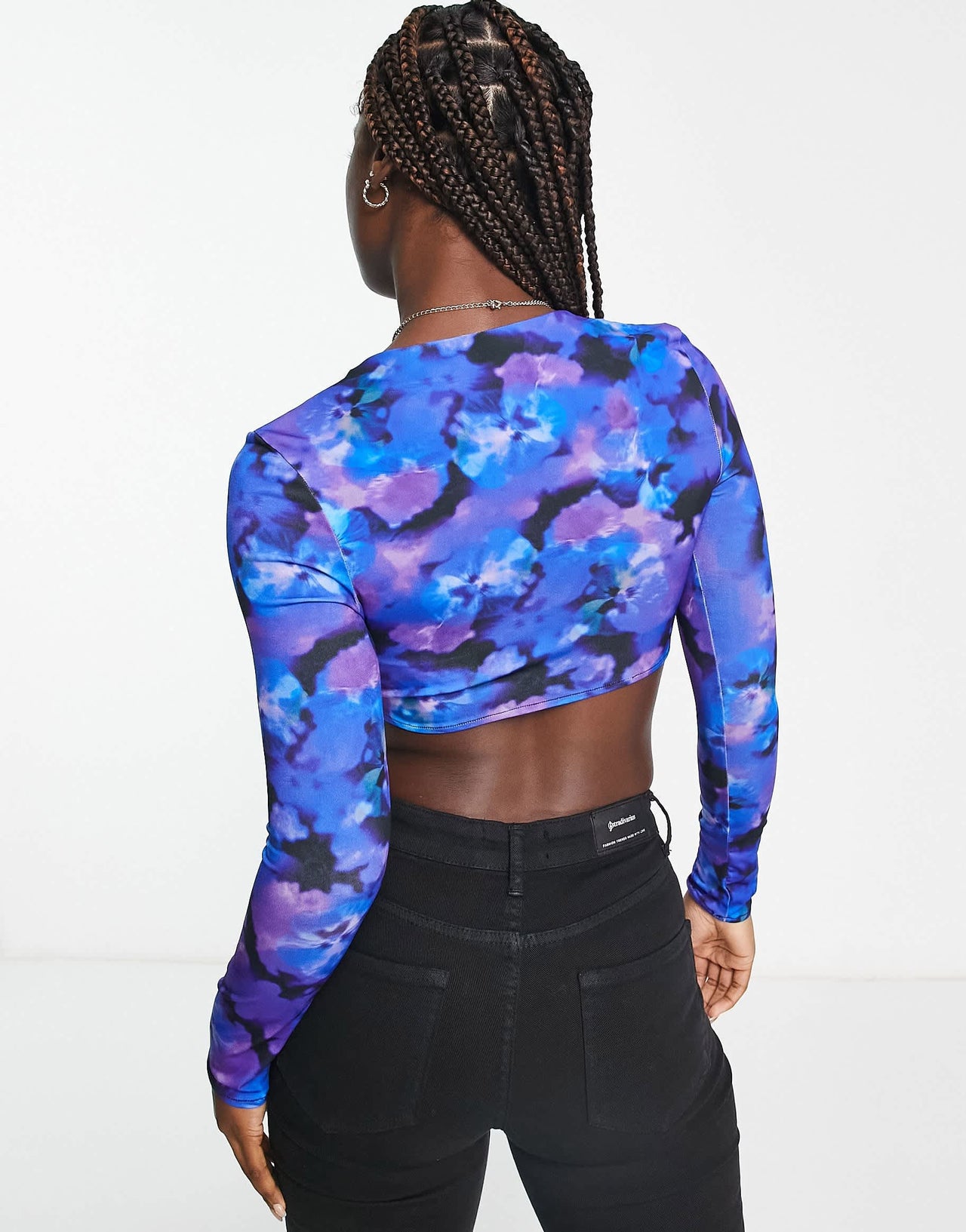 Pull&Bear long sleeve cropped top in blue floral