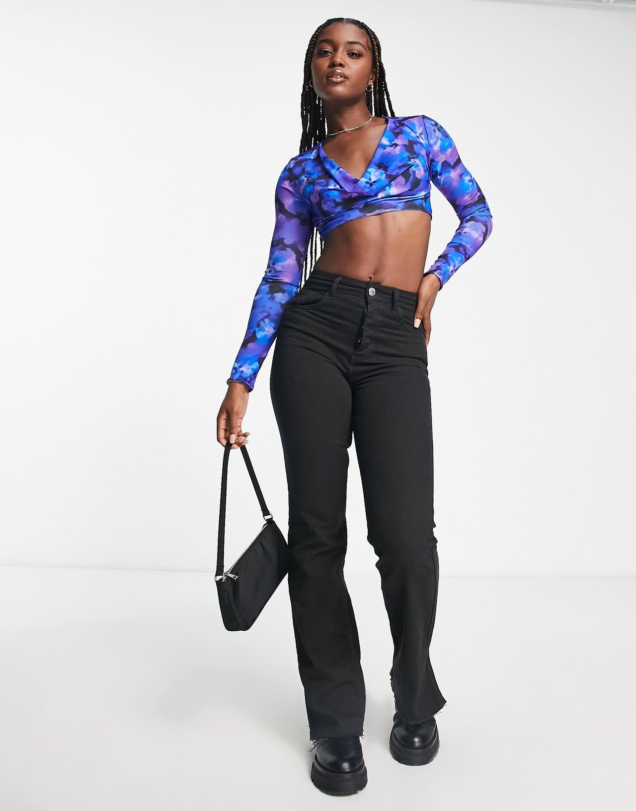 Pull&Bear long sleeve cropped top in blue floral