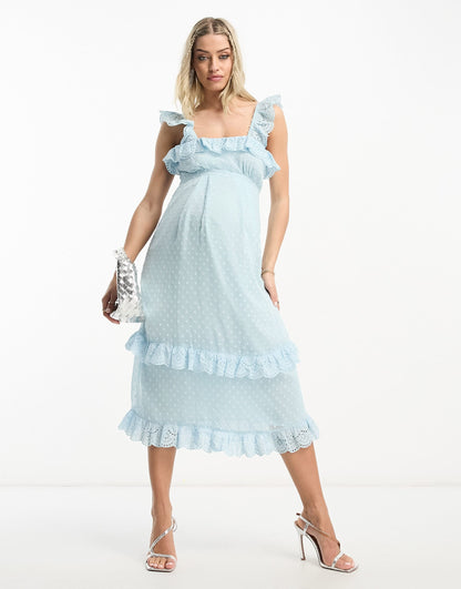 Hope & Ivy Maternity dobby spot frill midi dress in duck egg blue