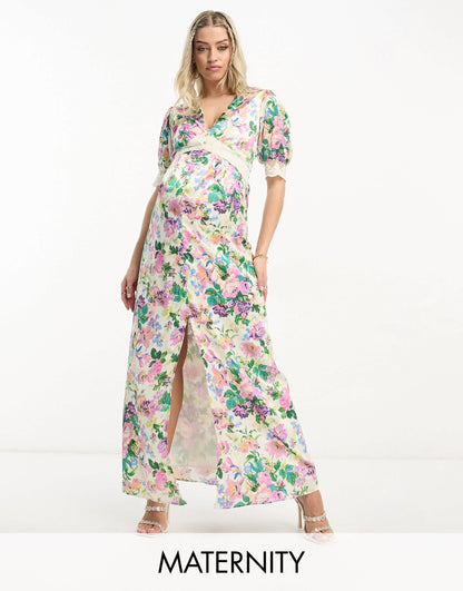 Hope & Ivy Maternity puff sleeve satin maxi dress in cream floral
