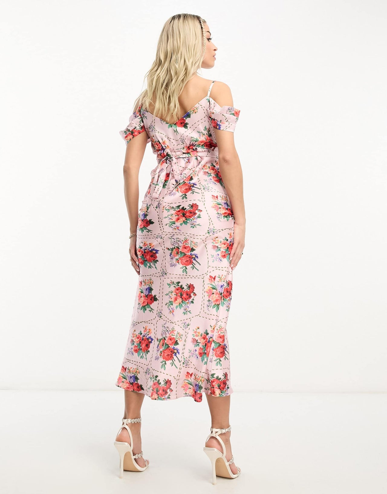 Hope & Ivy Maternity cold shoulder satin midi dress in red floral tile print