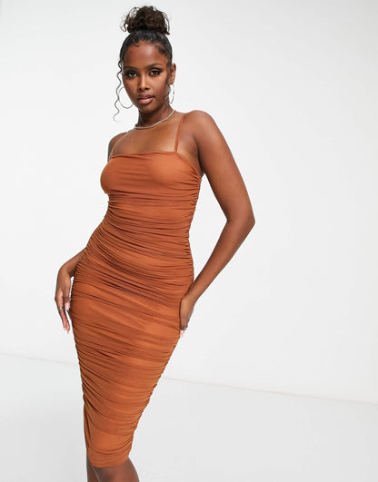 Simmi ruched midi dress in rust