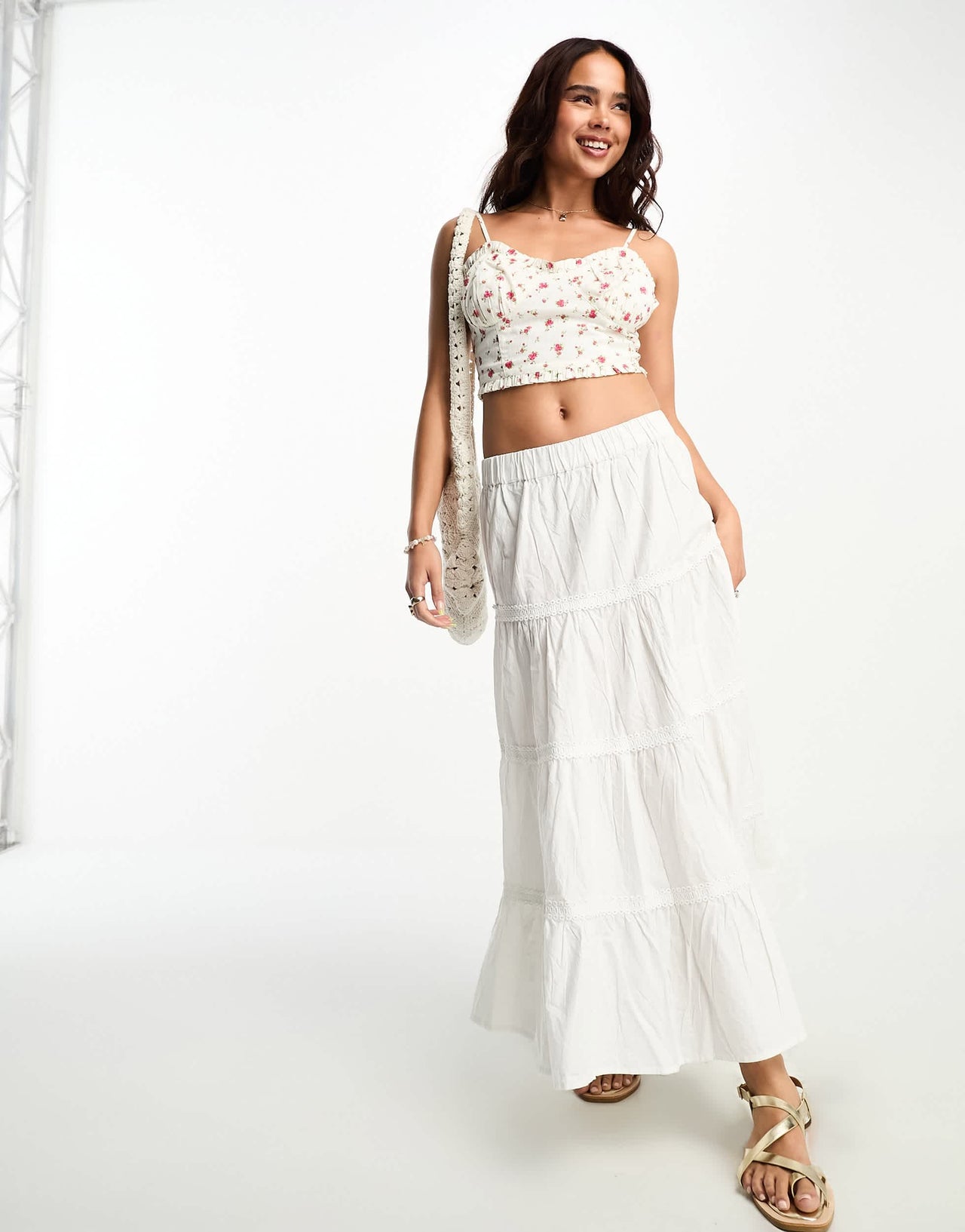 Miss Selfridge frill hem cami corset top in rose print