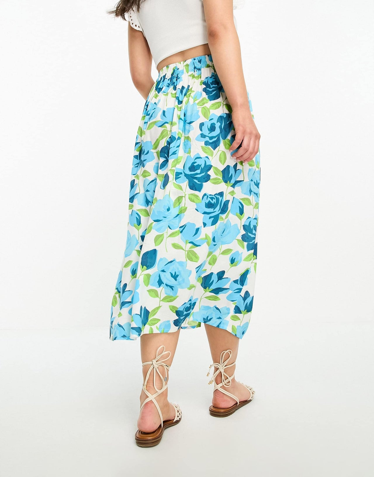 Miss Selfridge Petite ruched front midi skirt in oversized blue rose