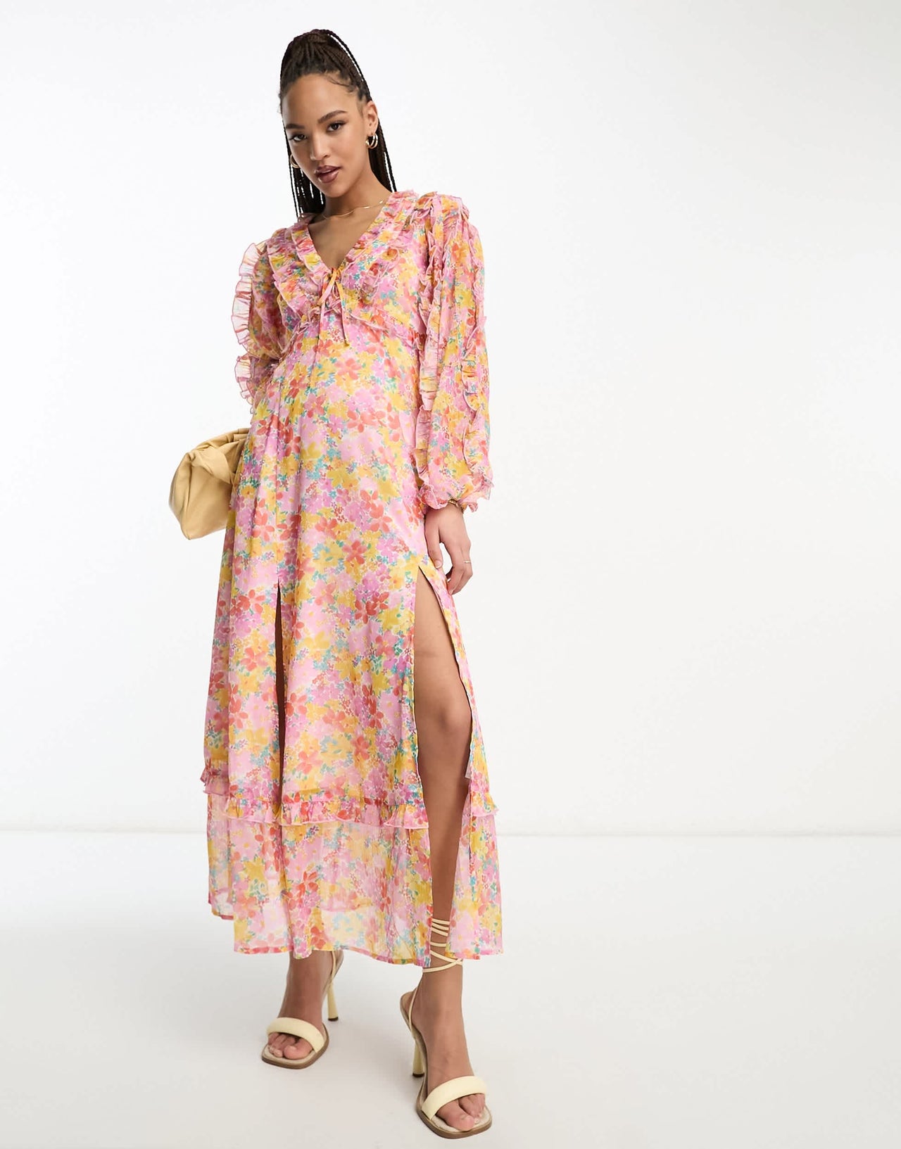 Miss Selfridge chiffon frill detail maxi dress in bright ditsy floral