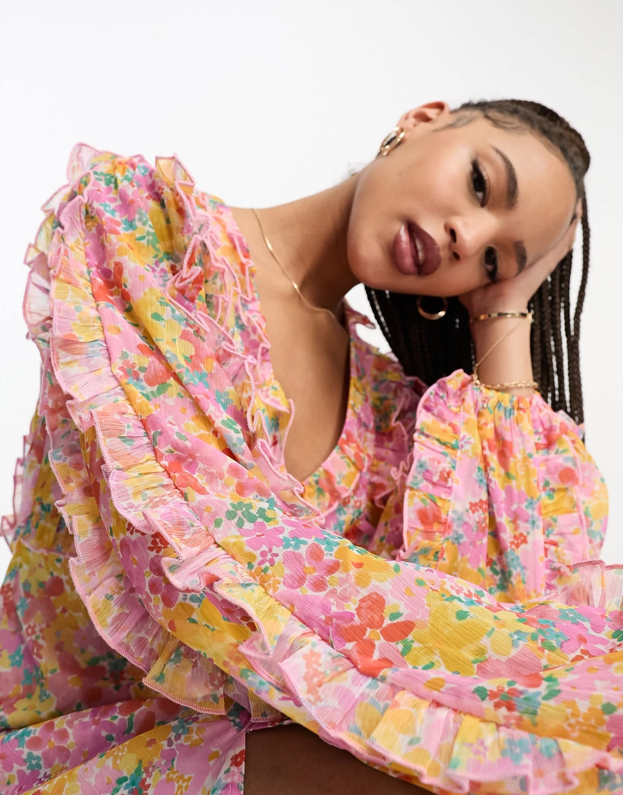 Miss Selfridge chiffon frill detail maxi dress in bright ditsy floral