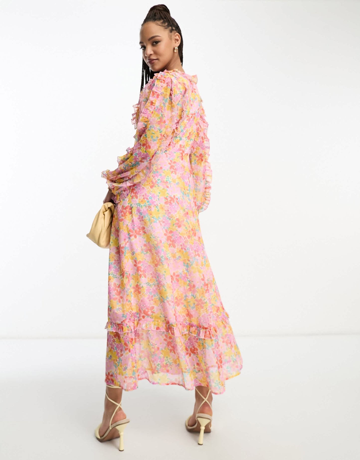 Miss Selfridge chiffon frill detail maxi dress in bright ditsy floral