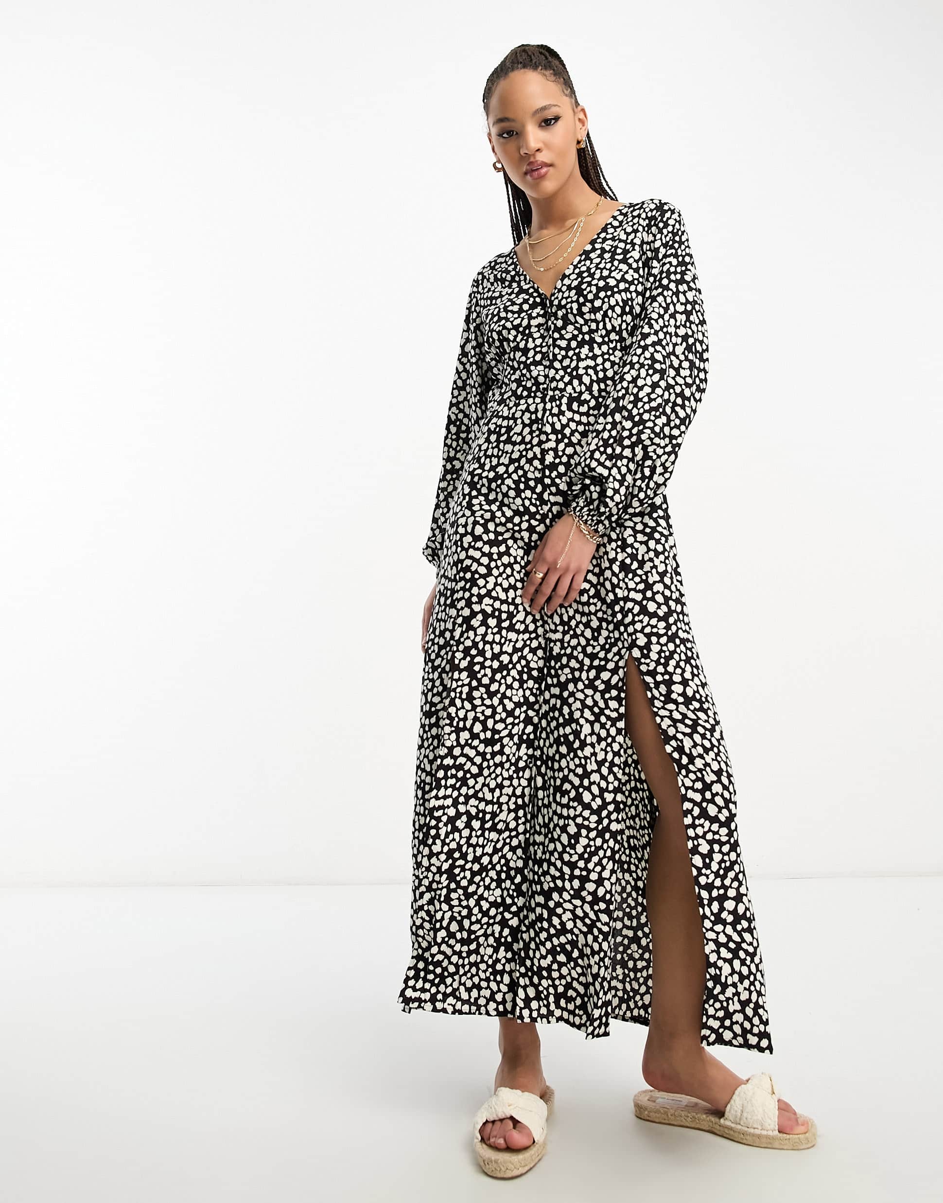Miss Selfridge long sleeve button through maxi dress in spot print