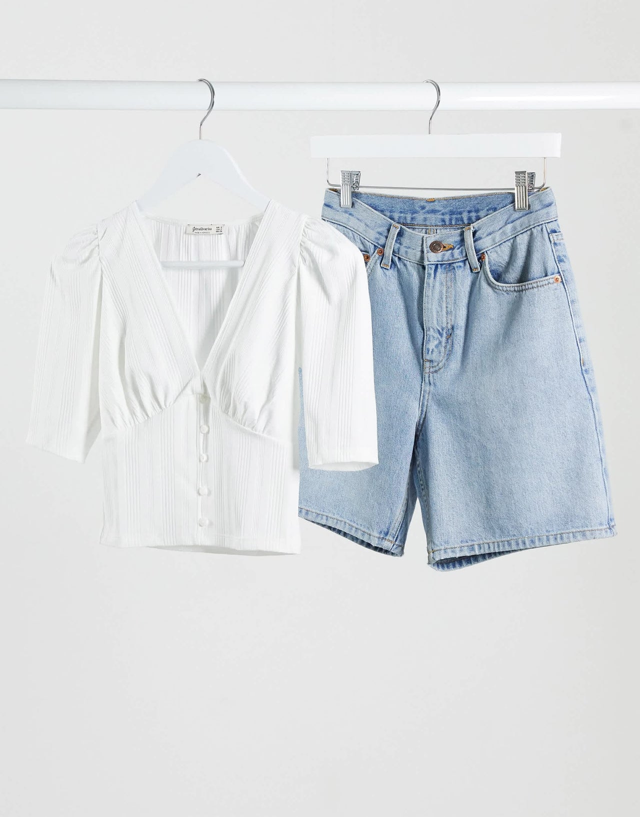 Stradivarius v-neck top with button detail in white