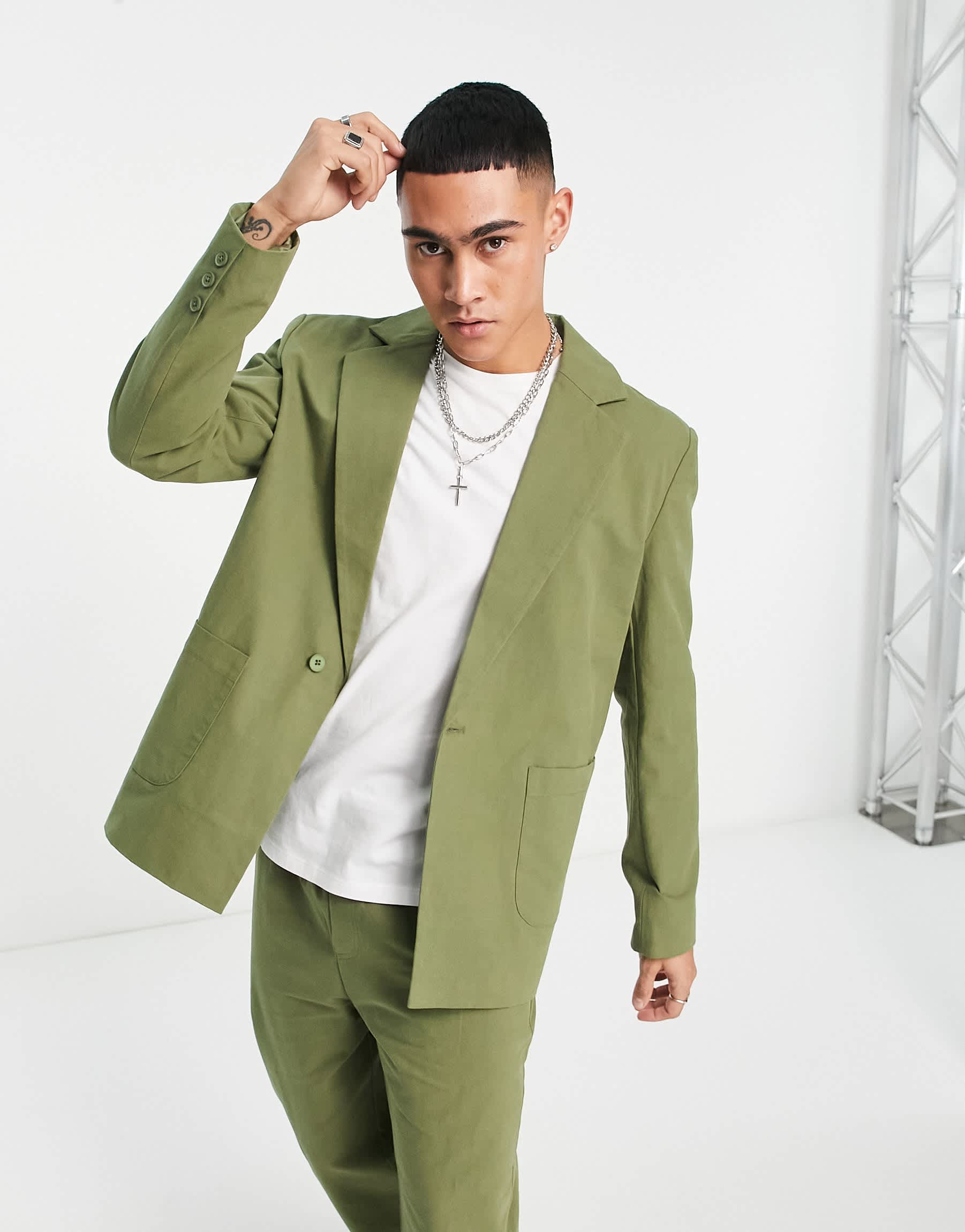 Reclaimed Vintage slim fit relaxed summer blazer in khaki co-ord