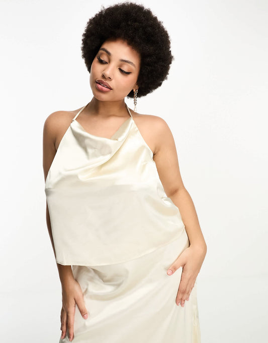 Vila Curve Bridal satin cami halterneck top co-ord in cream