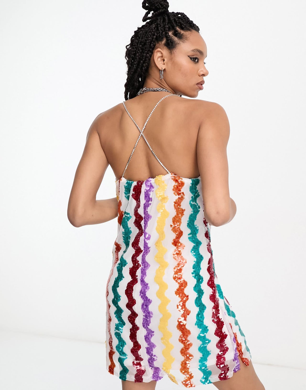 Extro & Vert Premium cami mini dress in rainbow swirl sequin with diamante straps