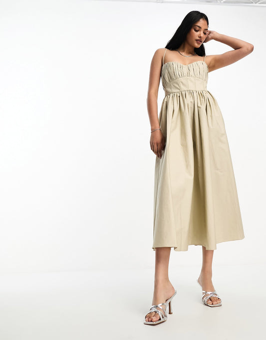 ASOS DESIGN Cotton structured prom midi dress with corset detail in stone