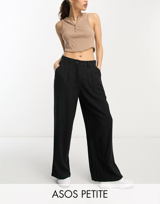 ASOS DESIGN Petite wide leg dad trousers with linen in black