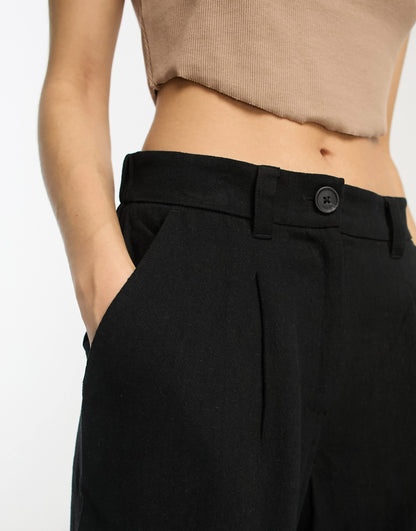 ASOS DESIGN Petite wide leg dad trousers with linen in black