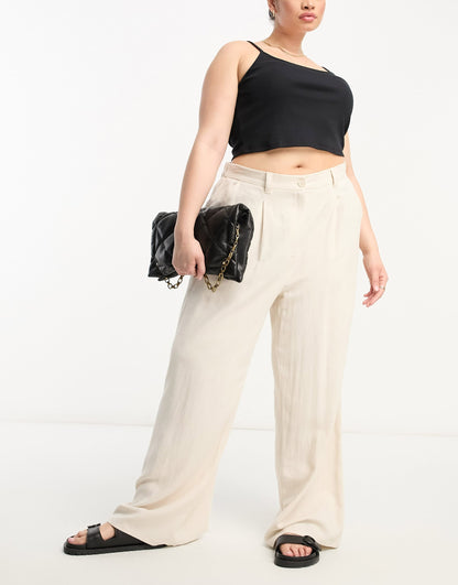 ASOS DESIGN Curve wide leg dad trousers with linen in stone