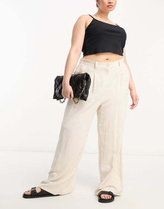 ASOS DESIGN Curve wide leg dad trousers with linen in stone