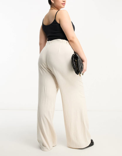 ASOS DESIGN Curve wide leg dad trousers with linen in stone