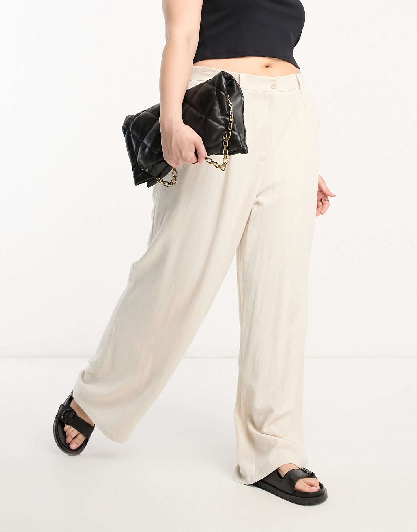 ASOS DESIGN Curve wide leg dad trousers with linen in stone