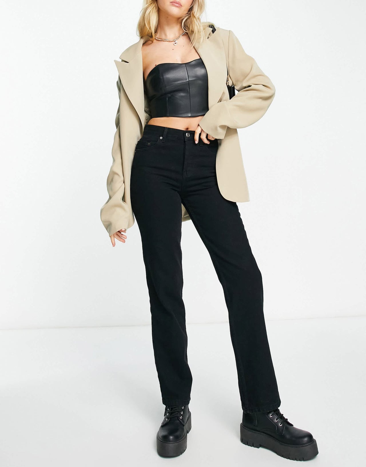 Pull&Bear faux leather bandeau corset co-ord in black