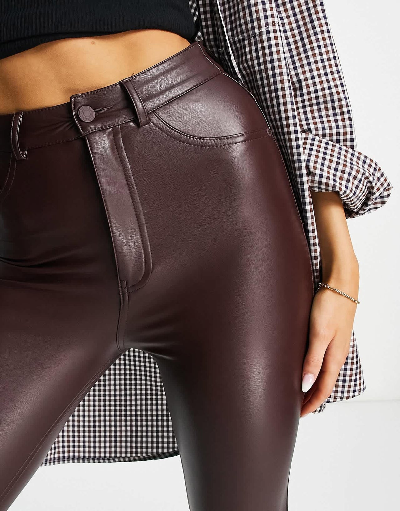 Pull&Bear high waisted faux leather skinny trousers in burgundy