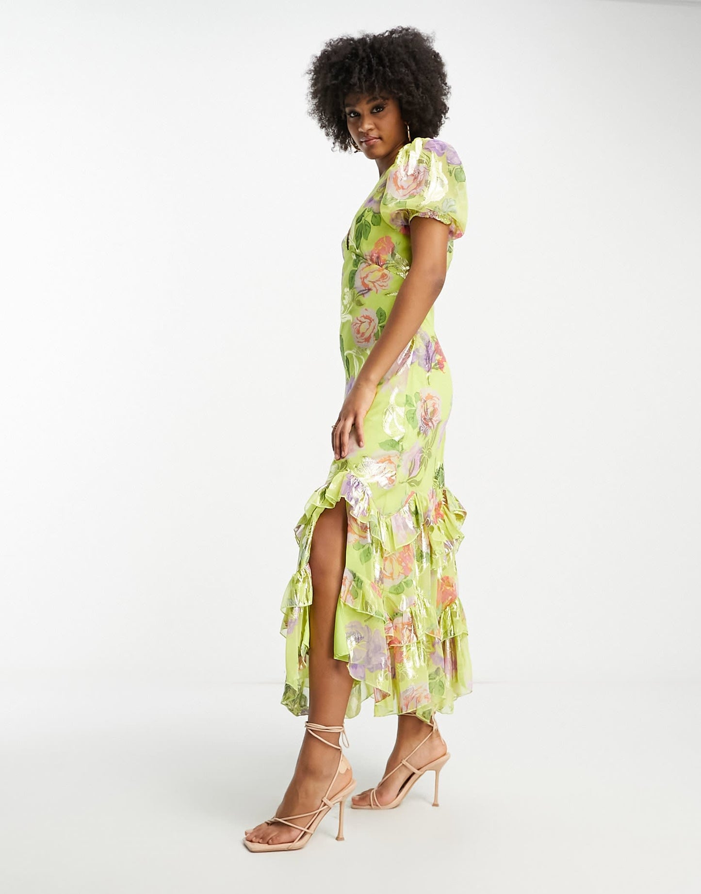 ASOS DESIGN Tall ruffle frill hem midi dress in green metallic rose print