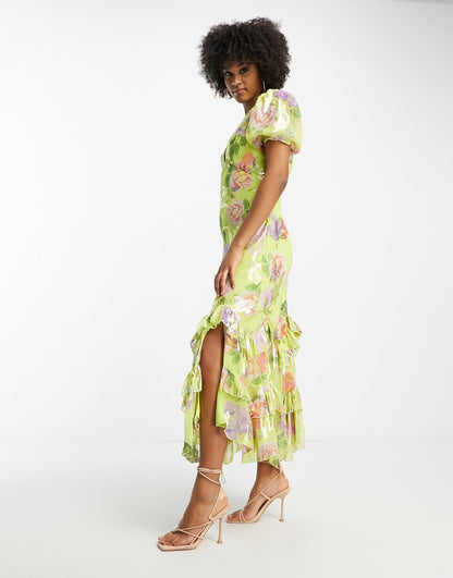 ASOS DESIGN Tall ruffle frill hem midi dress in green metallic rose print