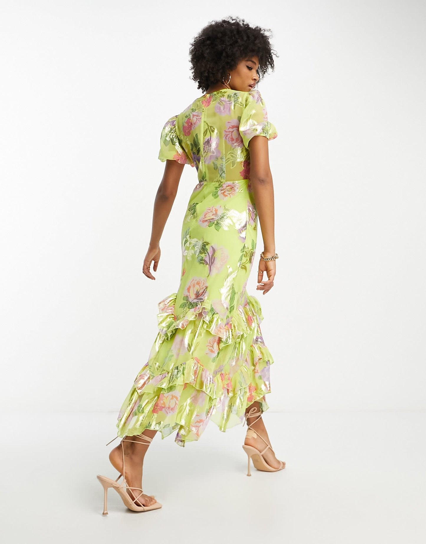 ASOS DESIGN Tall ruffle frill hem midi dress in green metallic rose print