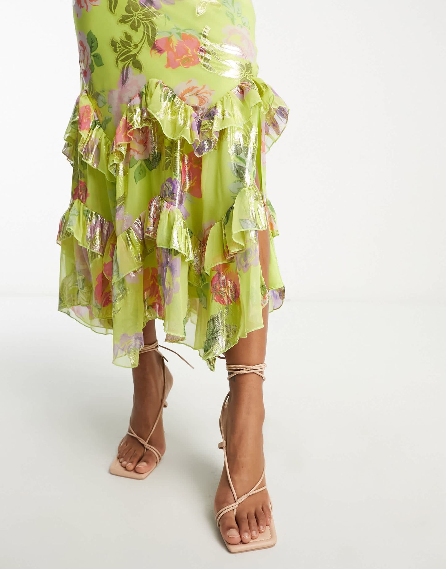 ASOS DESIGN Tall ruffle frill hem midi dress in green metallic rose print