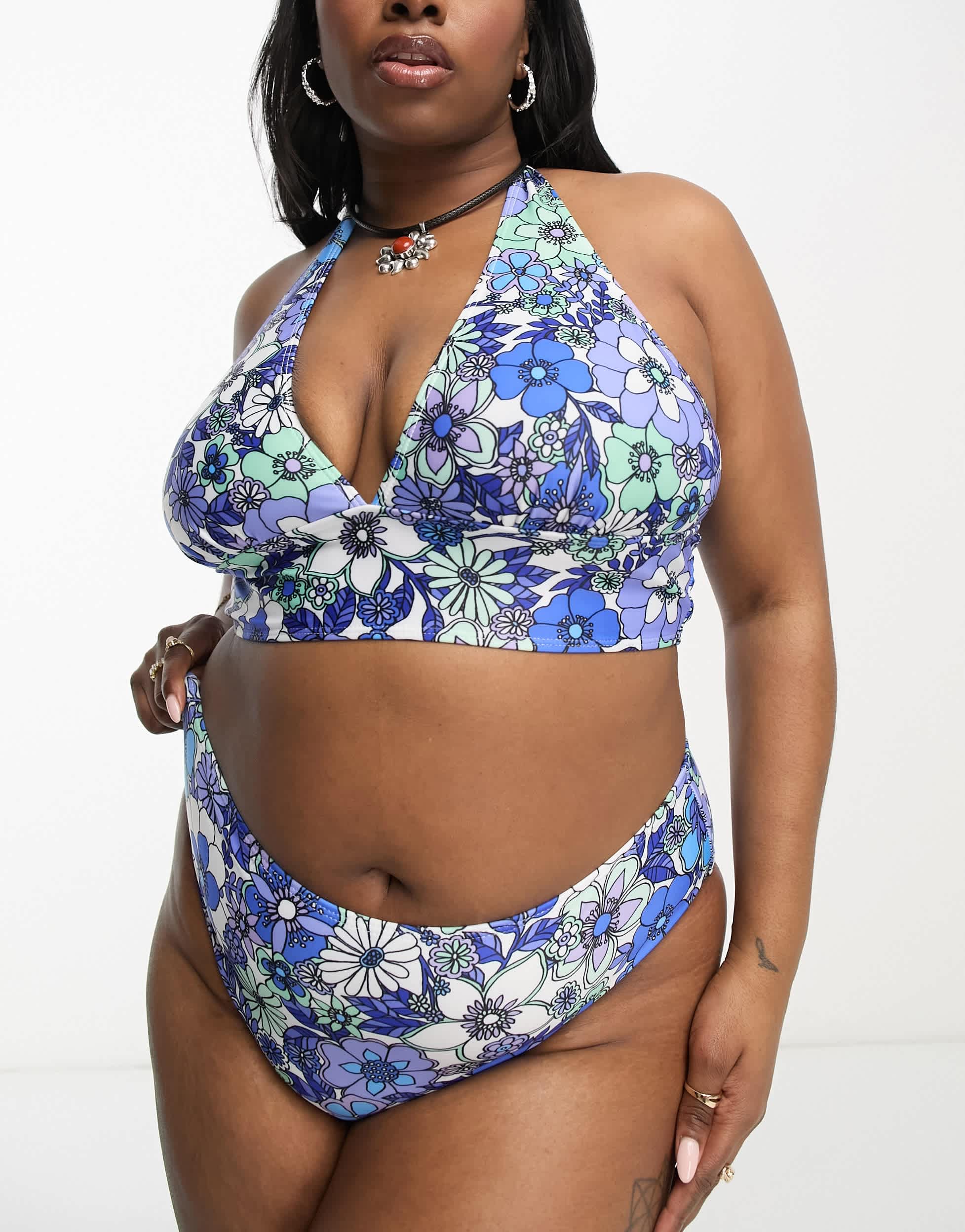 Reclaimed Vintage PLUS high waist bikini bottom in blue floral print