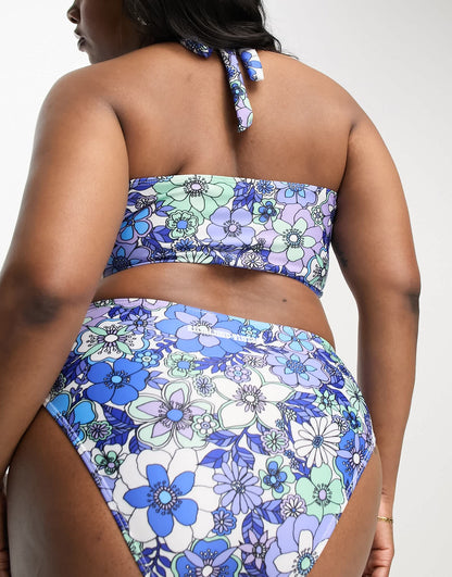 Reclaimed Vintage PLUS high waist bikini bottom in blue floral print