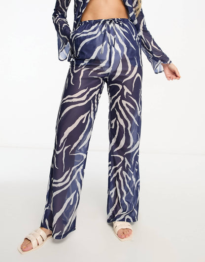 4th & Reckless sorrel sheer tie front trouser co-ord in navy zebra print