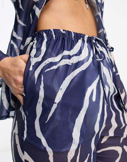 4th & Reckless sorrel sheer tie front trouser co-ord in navy zebra print