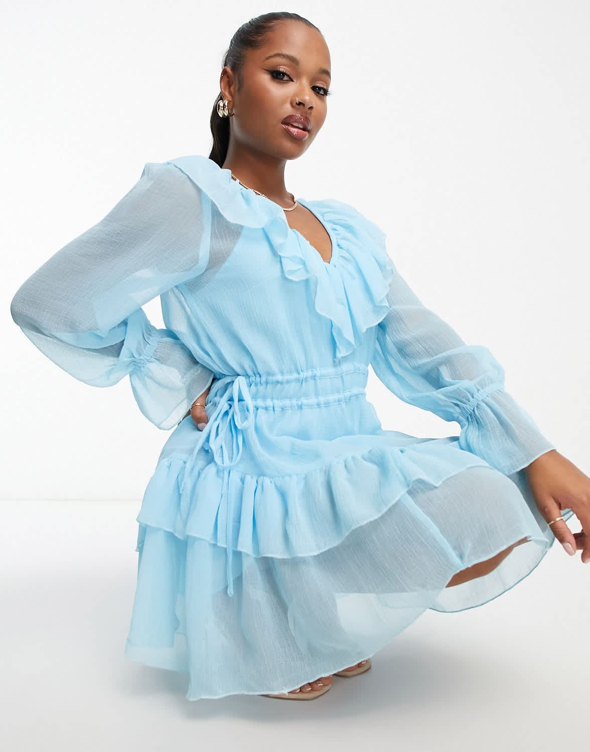 ASOS DESIGN Petite textured chiffon waisted mini dress with frills in blue